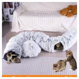 Cat Tunnel Bed for Indoor Cats - Large 3-in-1 Donut Tunnel, Peekaboo Cave With Washable Cushion, Multifunctional Toys for Cats and Rabbits (No Plush)