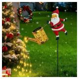 Christmas Santa Solar Kettle Lights, Solar Garden Watering Can Lights with Cascading Lights, Waterproof Hanging Metal Outdoor Lantern Decorations for Garden Patio Porch Yard (Warm)