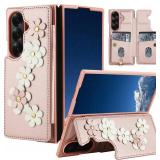 for Samsung Galaxy Z Fold 7 Wallet Case Leather Built-in Flip Card Holder Freshness Small Flower Pattern Crossbody Strap Wallet case for Galaxy Z Fold 7 Rose Gold