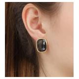 M.DUN- Round Edges Rectangle Shape Studs Earring. Abalone Amber Turquoise Resin Stone Design, 18k Real Gold Plated Bezel, Hypoallergenic Gorgeous Gift for Women