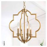 $90 4-Light Brushed Gold Chandelier, 15.6" Farmhouse Geometric Pendant