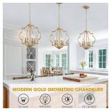 $90 4-Light Brushed Gold Chandelier, 15.6" Farmhouse Geometric Pendant