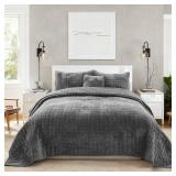 $150 Quilt Set King 120x128 Velvet Bedding, 2 Shams, 3-Piece, Gray
