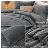 $50 Flannel Fleece Comforter King Set - Grey Leaves Faux Fur Bedding
