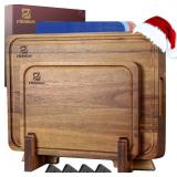 $80 Acacia Wood Cutting Boards Set of 7 with Holder, Non-Slip