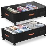 Under Bed Storage with Wheels, 2-Pack, Clear Lids, Handles, Black