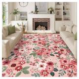 $150 DUKINO 8x10 Floral Washable Area Rug, Non-Slip Backing, Pink