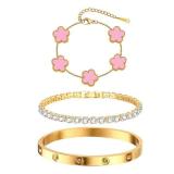 Womens Stackable Floral Gold Bracelets - 3Pcs 18K Gold Plated Bracelet,Stainless Steel Bangle Bracelets Non Tarnish, Bracelet Set Trendy Jewelry,Christmas Valentines Birthday Gifts for Girlfriend