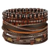 Jstyle 4Pcs Braided Leather Bracelet for Women Mens Cuff Bead Bracelet Set Adjustable Brown