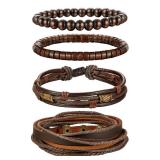 Jstyle 4Pcs Braided Leather Bracelet for Women Mens Cuff Bead Bracelet Set Adjustable Brown