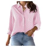 CUNLIN Pink Button Up Striped Shirt Women Long Sleeve Blouses for Dressy Casual Collared Light Down Shirts Womens and Tops Pink Size S