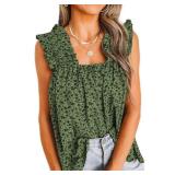 PRETTYGARDEN Womens Blouse Sleeveless Boho Floral Tank Tops Summer Casual Sleeveless Shirts Tops Pleated Smocked Tank T Shirts (Green, Medium)
