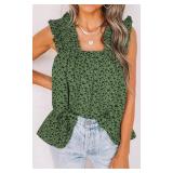 PRETTYGARDEN Womens Blouse Sleeveless Boho Floral Tank Tops Summer Casual Sleeveless Shirts Tops Pleated Smocked Tank T Shirts (Green, Medium)