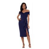 Xscape Knee Length Off-The-Shoulder Scuba Side Slit Dress, Midnight Navy Blue, 16