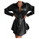Zeagoo Women Black Mini Dresses Stain Long Sleeve Fall Dress Button Shirt Dress Casual Collared Tunic Top,Large