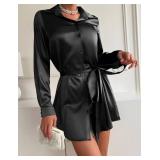 Zeagoo Women Black Mini Dresses Stain Long Sleeve Fall Dress Button Shirt Dress Casual Collared Tunic Top,Large