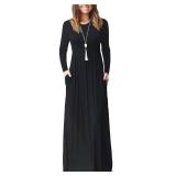 GRECERELLE Women Long Sleeve Casual Round Neck Loose Maxi Long Dress with Pockets, Black, 2XL