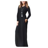 GRECERELLE Women Long Sleeve Casual Round Neck Loose Maxi Long Dress with Pockets, Black, 2XL