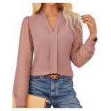 Womens Tops Dressy Casual Lace Long Sleeve Blouses V Neck Business Work Shirts Office Clothes Trendy Fall Outfits 2025, Dusty Pink, Large