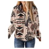 SELINK Womens Fleece Jacket Western Aztec Print Long Sleeve Snap Button Down Shacket Jackets with Pockets Deep Khaki-S