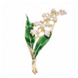 Jana Winkle Alloy Enamel White Floral Leaf Brooch Lily Of The Valley Gold Brooch Pin