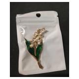 Jana Winkle Alloy Enamel White Floral Leaf Brooch Lily Of The Valley Gold Brooch Pin