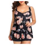 Aqua Eve Women Two Piece Plus Size Tankini Swimsuit with Shorts Tummy Control Bathing Suit Flowy Swimwear Orange Floral 14W