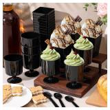 200 Pcs Black Dessert Cups with Spoons Small Plastic Goblets Disposable Parfait Charcuterie Cups Pudding, Mousse Set for Party(5/6 oz,Goblet, Square)