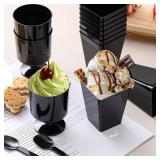 200 Pcs Black Dessert Cups with Spoons Small Plastic Goblets Disposable Parfait Charcuterie Cups Pudding, Mousse Set for Party(5/6 oz,Goblet, Square)