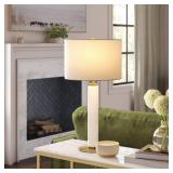 Faux Marble Stick Table Lamp White - Threshold: Gold Base, Linen Drum Shade, No Assembly Require
