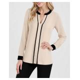 Long Sleeve V-Neck Blouse with Modern Color Block | Office to Dinner Stretch Top Apricot