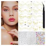 Gold Glitter Freckles Face Tattoo Makeup - Fake & Faux Freckles, Sparkle, Waterproof, Temporary Face Tattoos - Jewels &Stickers - 13 Sheets for Women