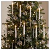 Christmas Tree Candles with Remote Timer Real Glass Icicle Ornaments - 12 Pack Flameless Flickering Battery Operated Candles Lights for Xmas Tree Decoration Taper LED Candlestick with Glass Hook
