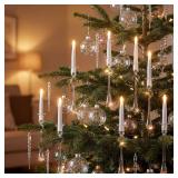 Christmas Tree Candles with Remote Timer Real Glass Icicle Ornaments - 12 Pack Flameless Flickering Battery Operated Candles Lights for Xmas Tree Decoration Taper LED Candlestick with Glass Hook