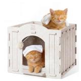 Apasiri Cat House Scratch-Resistant: Indoor Warm Enclosed Felt Bed Cave with Hanging Ball Toy, No-Tool Assembly Hideaway for Anxious Cats & Kittens, 13.4x13.4x9.85 Inch Interior