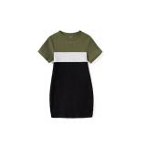 Short Sleeve Colorblock Striped Ruched Bodycon Midi Dress Army Green Grey Black Stripe Dresses for Girls 6-7 Years