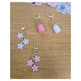 Cute Pink Style Flower Charm Keychain and Stickers Set