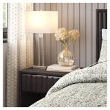 Window Pane Table Lamp with USB Nickel - Threshold: Modern Metal Body, Linen Cylinder Shade, ETL Listed