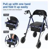 Retails for $150! Lightweight Rollator Walker with Seat - Royal Blue, All Terrain 8  Airless Tires, 300 lbs Capacity, Adjustable Height & One-Hand Folding Mobility Aid for Seniors, Elderly, Indoor Out