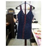 Denim Mini Dress with Red Lace-Up Details Size Unknown