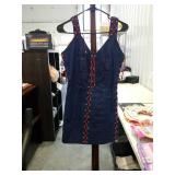 Denim Mini Dress with Red Lace-Up Details Size Unknown