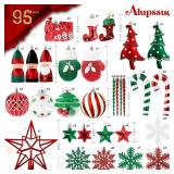 Alupssuc 95pcs Christmas Balls Ornaments Set, Shatterproof Plastic Baubles, Soldiers, Christmas Socks for Xmas Tree Holiday Wedding Party Decorations with Hanging Strings, White, Red and Green - Retai