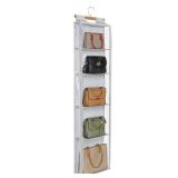 Syeeiex Hanging Handbag Purse Organizer with Zippers, 5 Mesh Shelves,Clear Slubbed Fabric+PVC Hanging Closet Bag Organizer, Dustproof Handbag Closet Tote Storage Bag for Door, Wardrobe, Shelf Rack - R