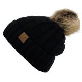 C.C Thick Cable Knit Faux Fuzzy Fur Pom Fleece Lined Skull Cap Cuff Beanie, Black - Retail: $15