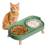 Elevated Cat Bowl, Raised Cat Food and Water Bowl Set for Indoor Cats, Splash Proof with 2 Stainless Steel Pet Food Bowls for Cats and Puppies, Whisker Fatigue and Dishwasher Safe - Green missing a bo