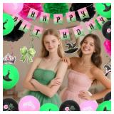 CAVETEE Pink and Green Party Decorations Set Witch and Princess Happy Birthday Balloons, Pom Poms, Happy Birthday Banner, Hanging Swirls for Birthday Party