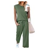 CHICZONE Two Piece Summer Sets for Women Casual Travel Vacation Outfits Wide Leg Crop Pants Lounge Sets SIZE M