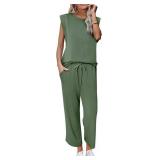 CHICZONE Two Piece Summer Sets for Women Casual Travel Vacation Outfits Wide Leg Crop Pants Lounge Sets SIZE M