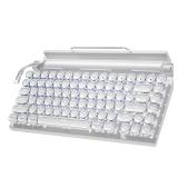 Retro Typewriter Wireless Mechanical Gaming Keyboard, Bluetooth 5.0 Office Computer Vintage Keyboards 83-Key Blue Switches Punk Round Keycap, LED Backlight, Compatible with PC/Laptop/Pad/Phone, White