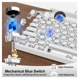 Retro Typewriter Wireless Mechanical Gaming Keyboard, Bluetooth 5.0 Office Computer Vintage Keyboards 83-Key Blue Switches Punk Round Keycap, LED Backlight, Compatible with PC/Laptop/Pad/Phone, White